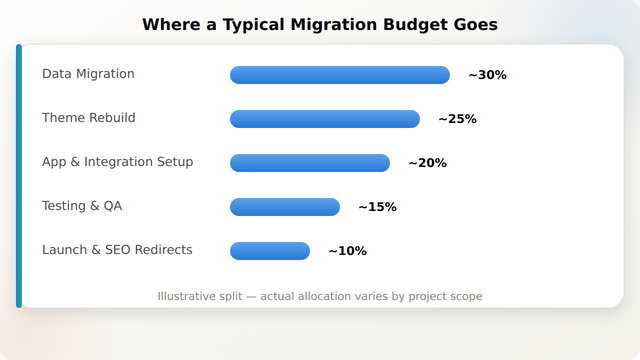 Comparison bars showing how migration budget typically splits across data migration, theme rebuild, app integration, and testing plus launch