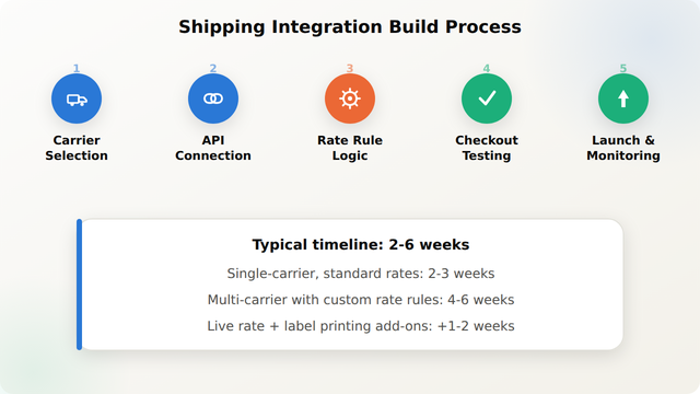 Timeline of five steps in a Shopify shipping integration build: requirements and carrier selection, API connection, rate rule logic, checkout testing, and launch and monitoring