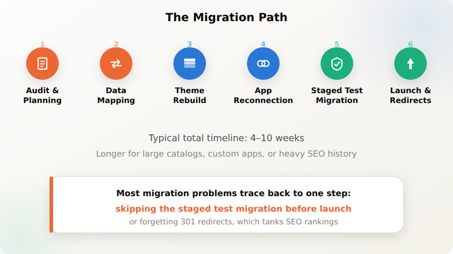 Timeline of six steps in a Shopify store migration: audit and planning, data mapping, theme rebuild, app reconnection, staged test migration, and launch with redirects