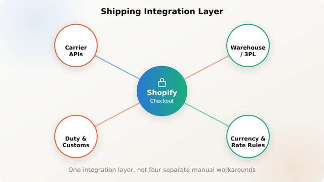 Hub and spoke diagram showing Shopify connected to multiple carrier APIs, a warehouse or 3PL system, and international duty and currency calculation through a shipping integration layer