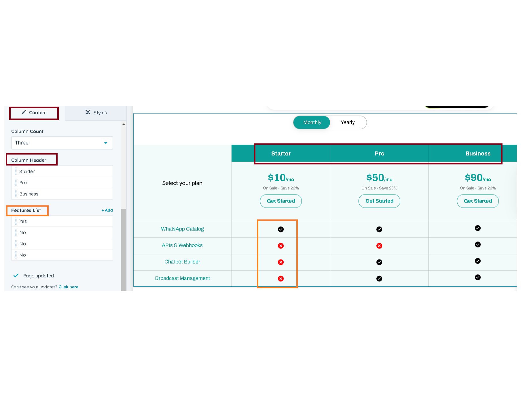 Column header and feature list