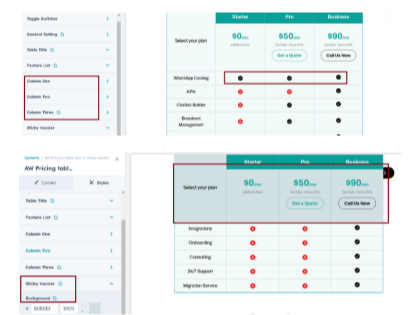 Column & Sticky Header styles